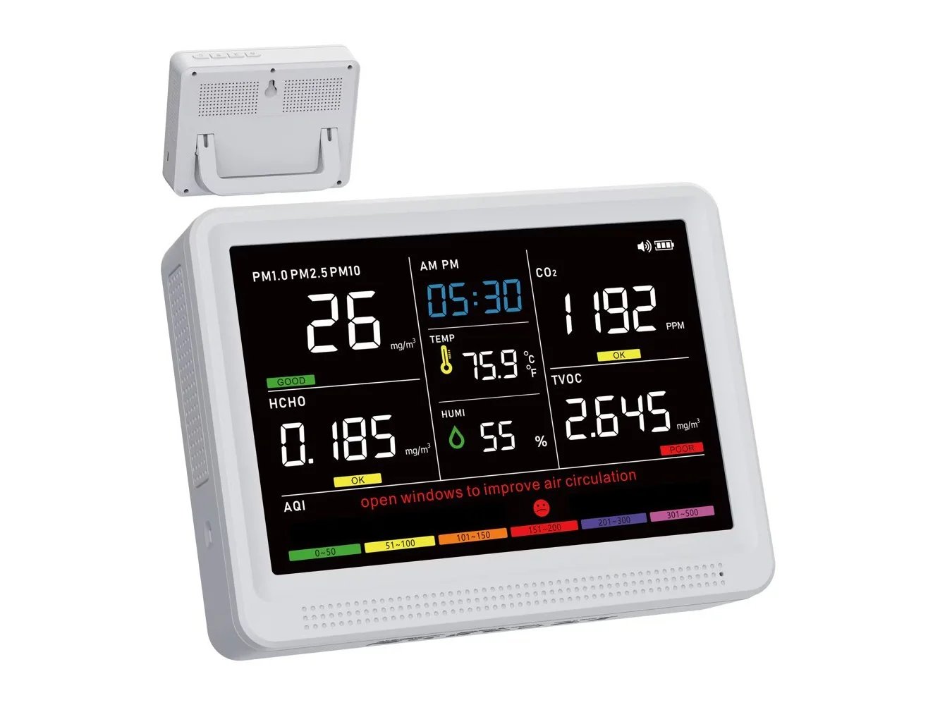 **bonoch - 16‑in‑1 indoor air quality monitor, 5.5" display, 10h battery, detects CO₂, TVOC, PM2.5/1.0/10, HCHO, temp & humidity - White**