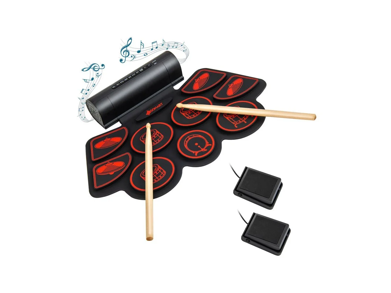 **Gymax - 9 Pads Electronic Drum Set Roll Up Drum Kit w/ MIDI & Dual Stereo Speakers Red - Red+Black**