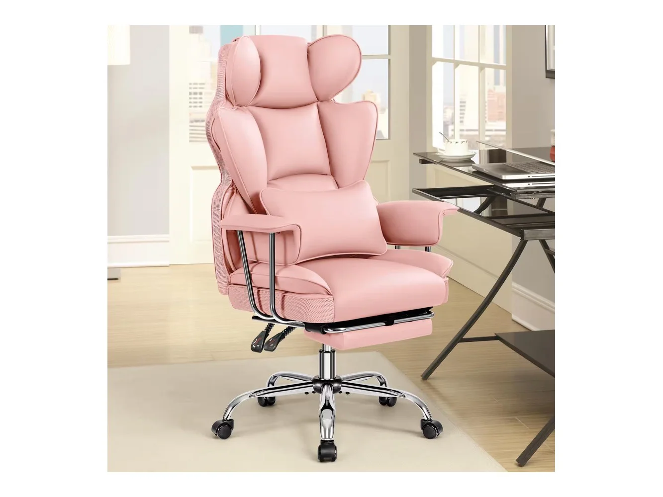 **Brick Attic - 500LBS Big & Tall Office Chair, Leather Gaming Chair with Footrest, Adjustable Height & Lumbar Support - Pink**