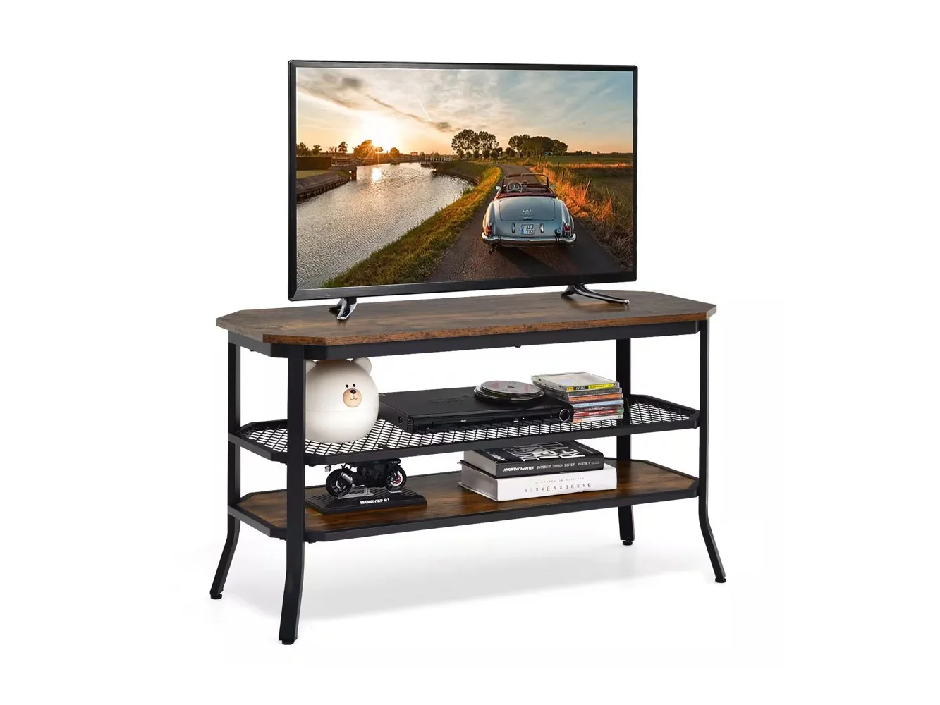 **Costway - 3-tier TV Stand Console Table Media Entertainment Center w/Mesh Storage Shelf - Rustic Brown/Black**