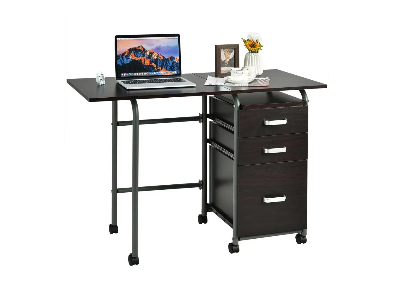 **Costway - Folding Laptop Desk with Three Drawers - Brown**