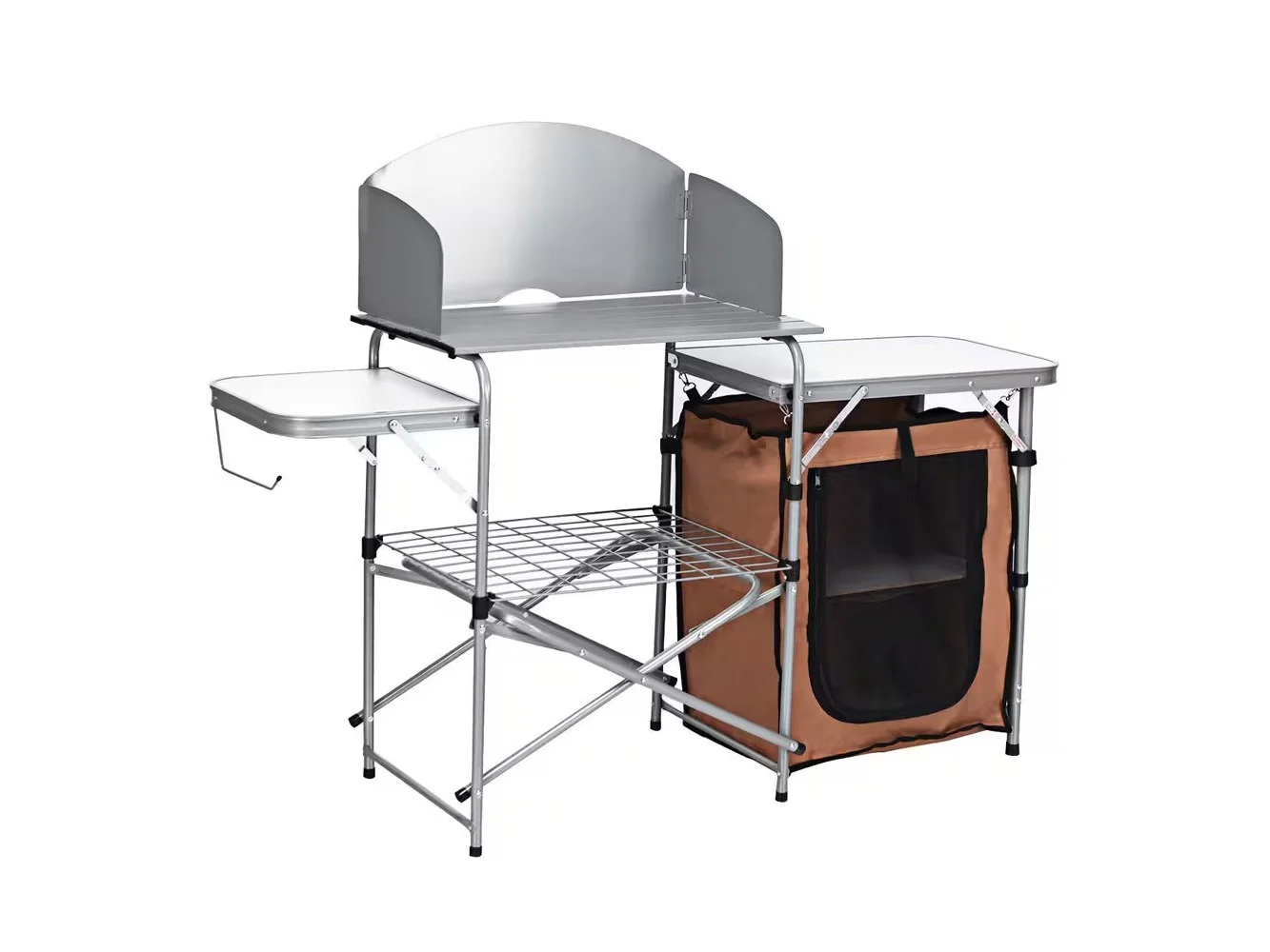 **Costway - Foldable Camping Table Outdoor BBQ Portable Grilling Stand w/Windscreen Bag - Silver**