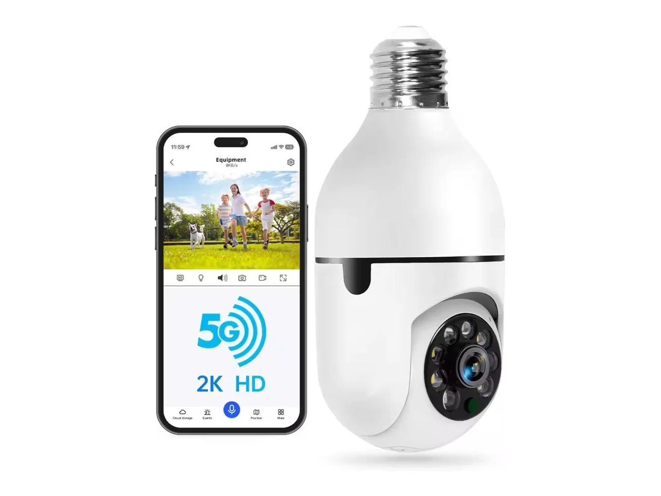 **Core Tech - 2K Light Bulb Security Camera, 5GHz/2.4GHz WiFi, Color Night Vision, Motion Detection, Two-Way Audio, Alexa Compatible - White / Black**