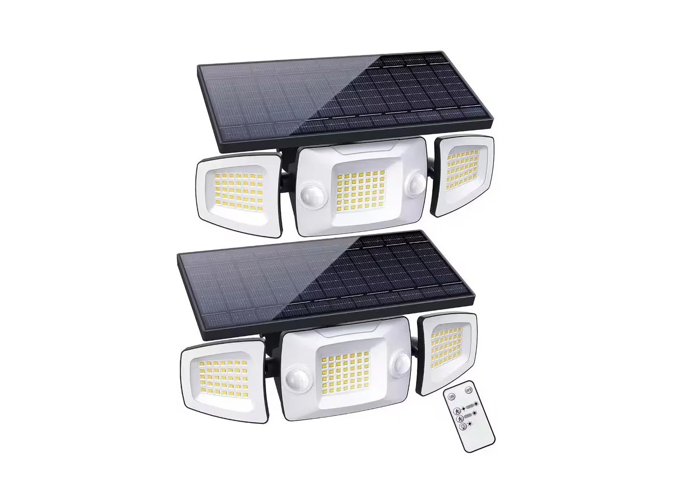 **Adewalk - 270 Degree 3 Head Solar Flood Light IP67 Waterproof Motion Sensor Remote Security Light for Garage Yard 2pack - White**