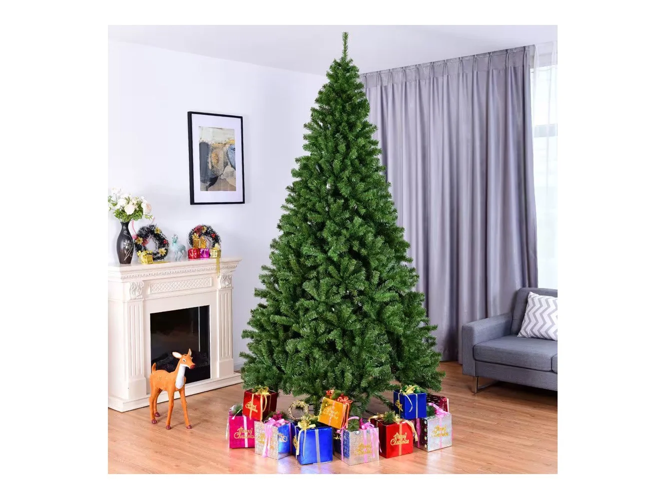 **Costway - 9FT PVC Christmas Tree 2132 Tips Hinged Solid Metal Legs - Green**