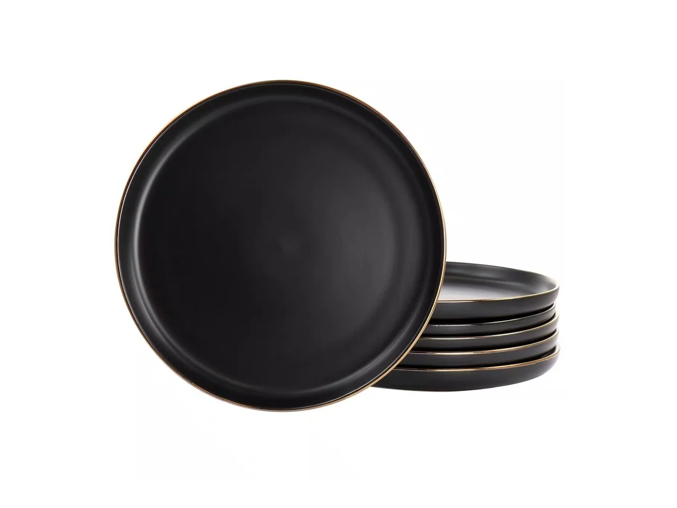**Elama - Paul 6 Piece Stoneware Dinner Plate Set in Matte with Gold Rim - Black**
