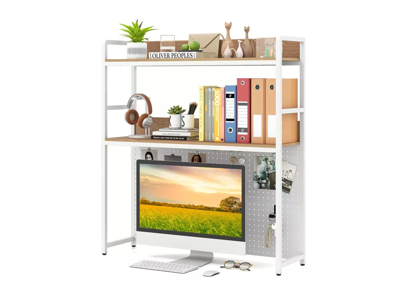 **Gymax - 2-Tier Countertop Desktop Bookshelf w/ Metal Pegboard 2 Anti-tipping Devices - Yellow**