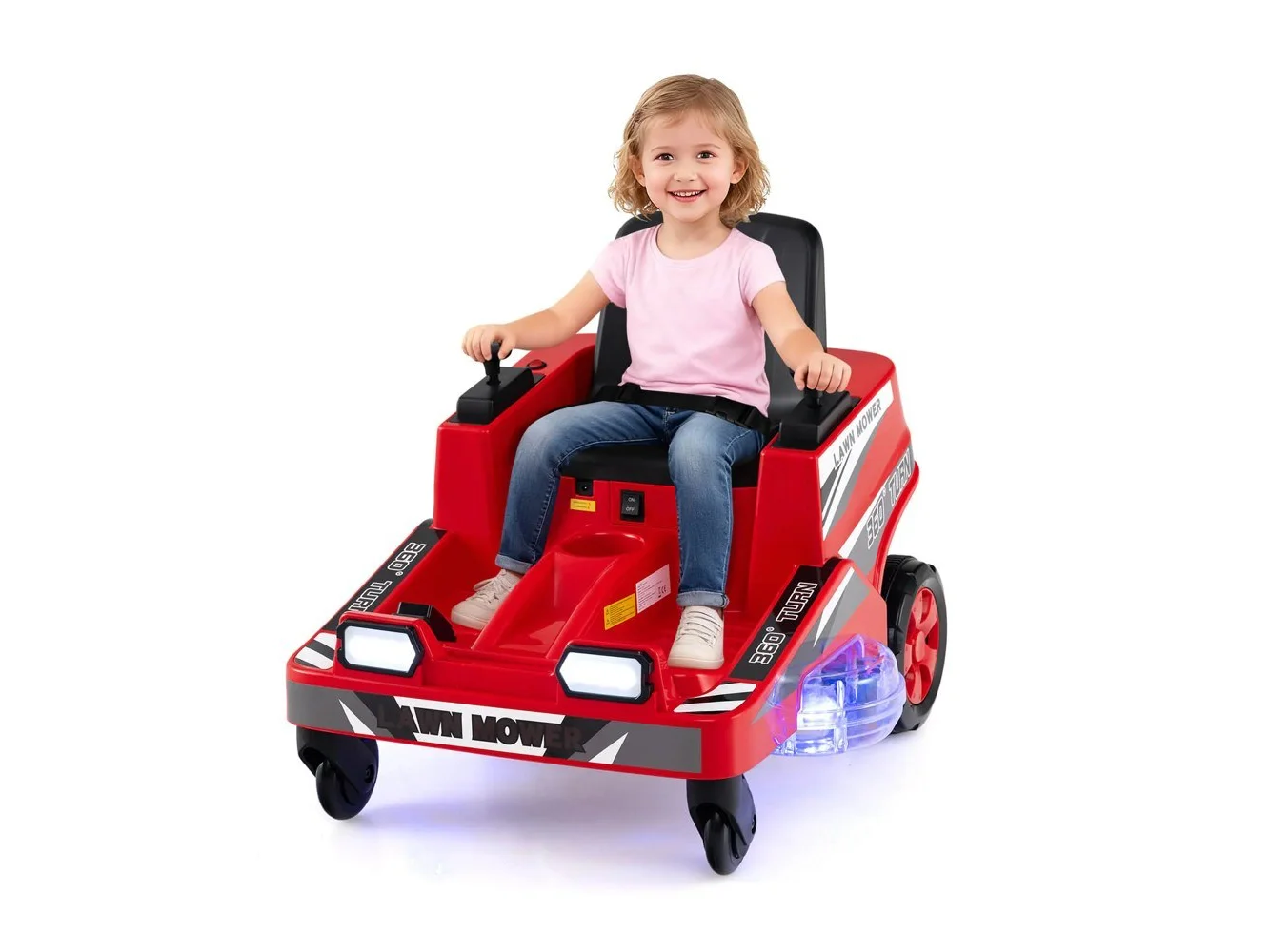 **Costway - 12V Ride on Lawn Mower with Dual Control Sticks LED Lights Twist Turn for Aged 3-8 - Red**