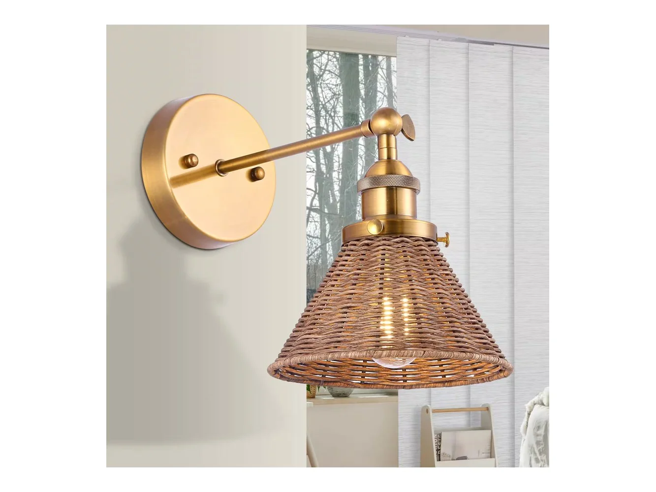 **Parrot Uncle - 7" W Rustic Wall Light with Rattan Shade - Gold**