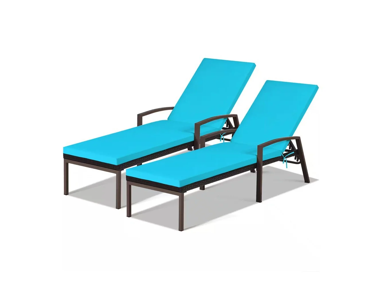 **Costway - 2PCS Patio Rattan Lounge Chair Chaise Recliner Back Adjustable Cushioned - Turquoise**