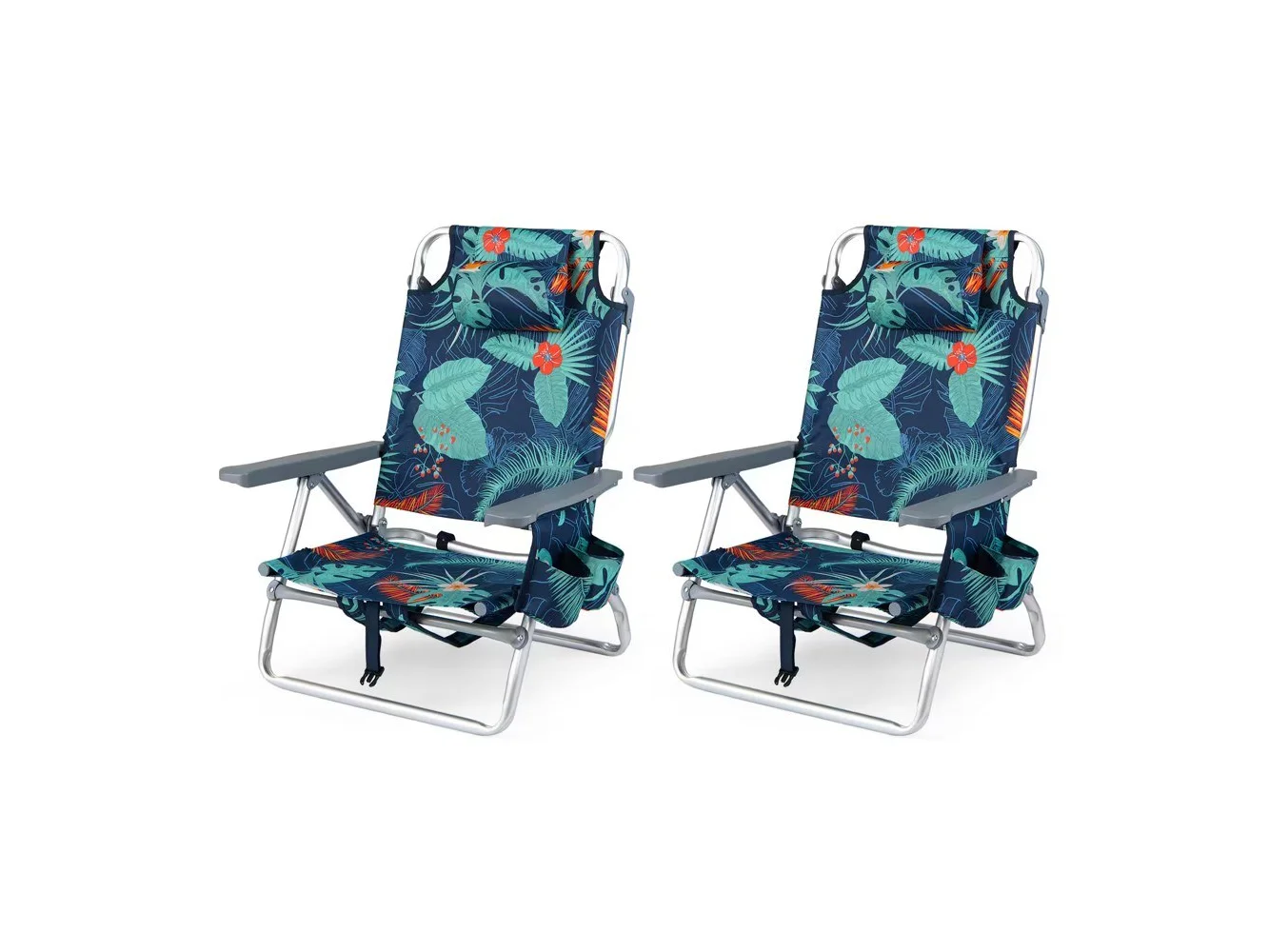 **Costway - 2-Pack Folding Backpack Beach Chair 5-Position Outdoor Reclining Chairs with Pillow - Dark Green**