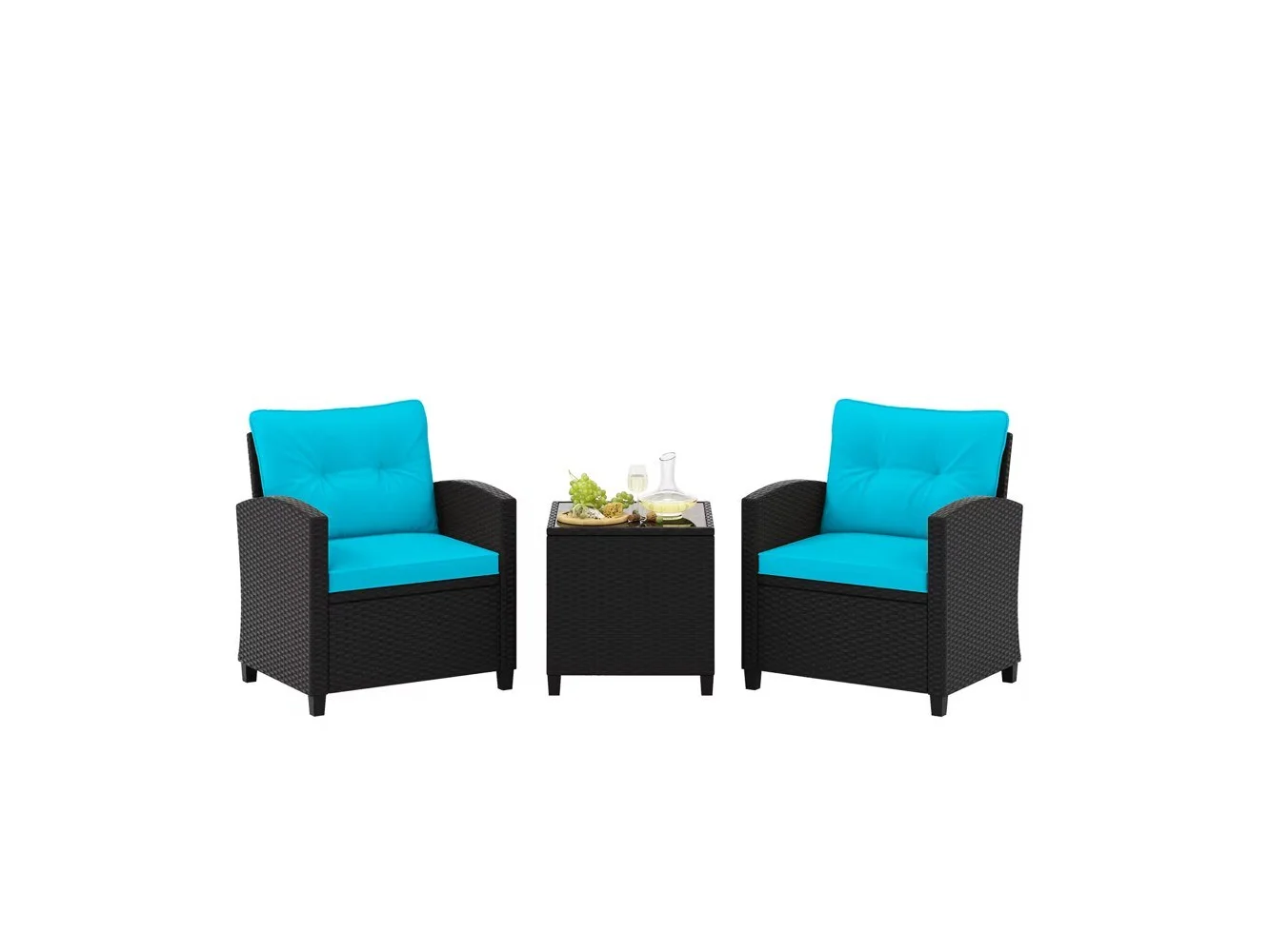 **Costway - 3 PCS Patio Furniture Set with Tempered Glass Coffee Table Washable Cushions - Turquoise,Black**