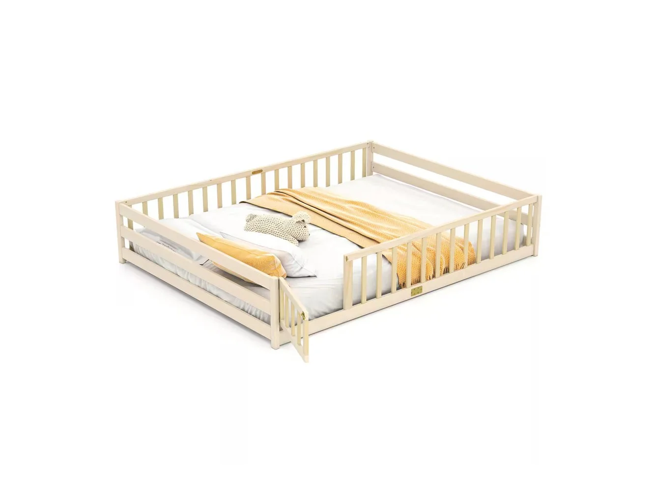 **Costway - Queen Size Floor Bed with Full Length Safety Guardrails & Door for Boys, Girls - Natural**
