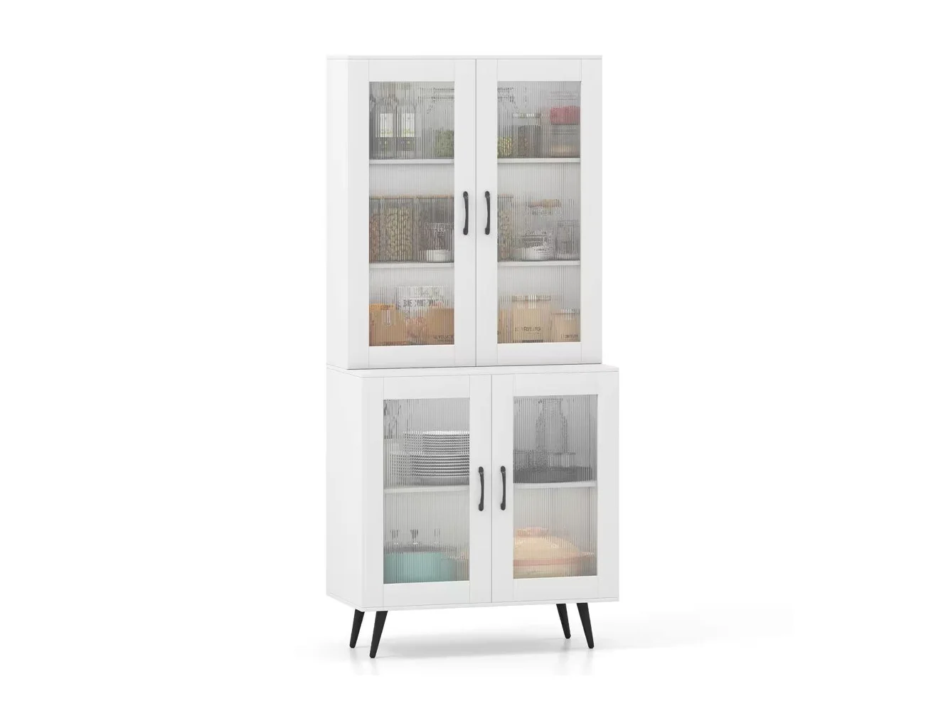 **Costway - Kitchen Pantry Cabinet with Translucent Fluted Doors & Adjustable Shelf - White**