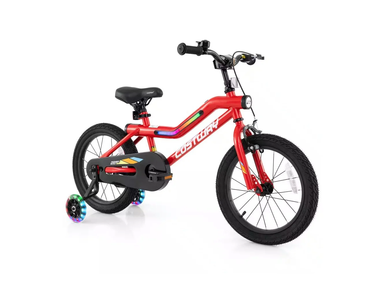 **Costway - 16" LED Lighted Kids Bike with Adjustable Seat Coaster Brake Training Wheels Patented - Red**