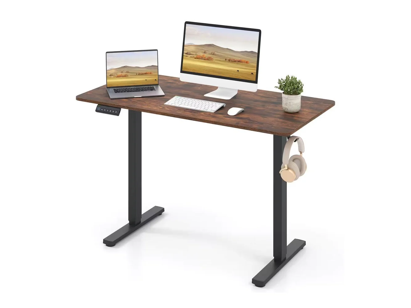 **Costway - 48" x 24" Sit to Stand Desk with 3 Memory Settings & Anti-Collision Protection - Brown**