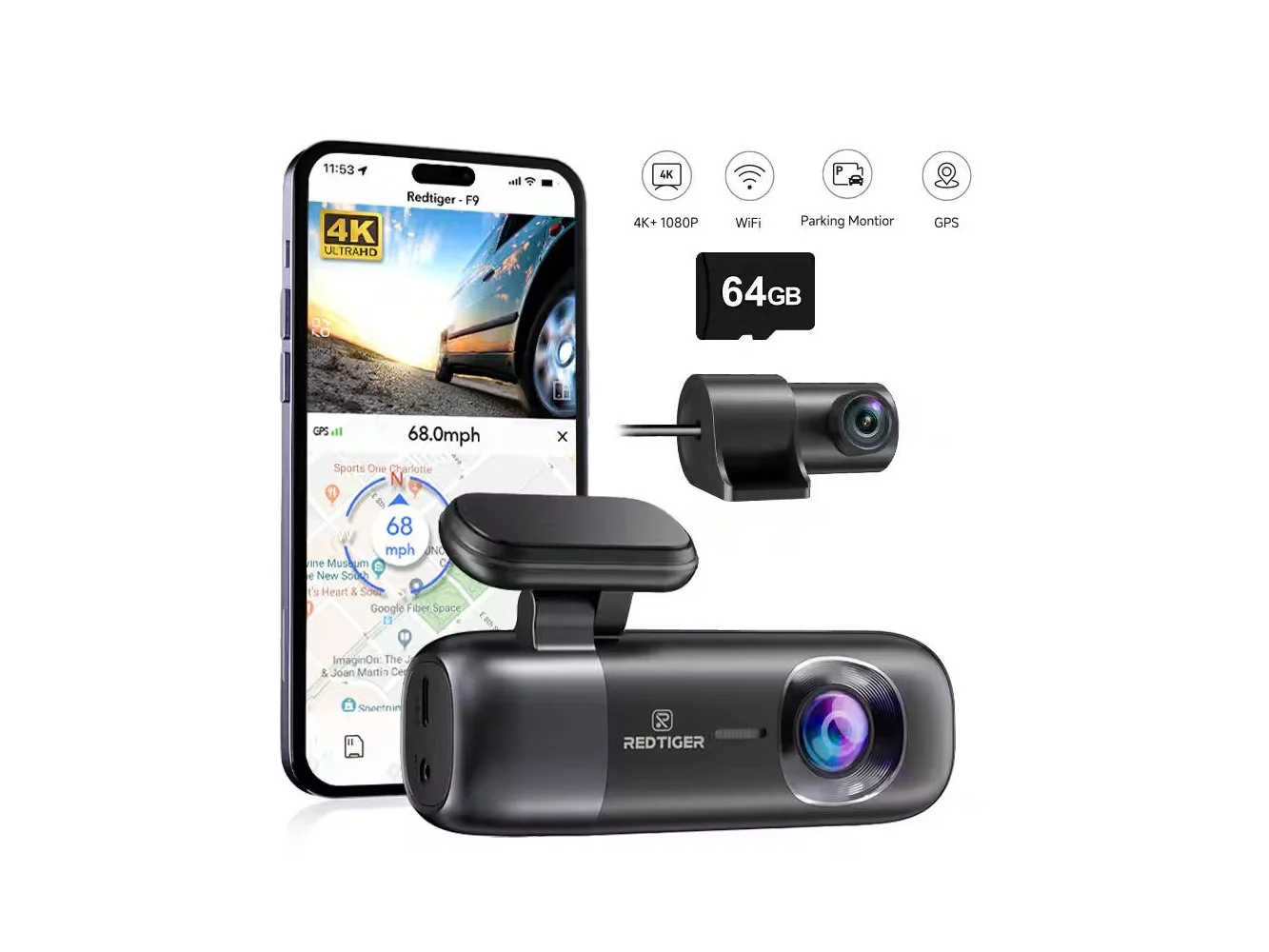 **REDTIGER - 4K Front & Rear Dash Cam, GPS, 5.8GHz WiFi, WDR Night Vision, &64GB Card - Black**