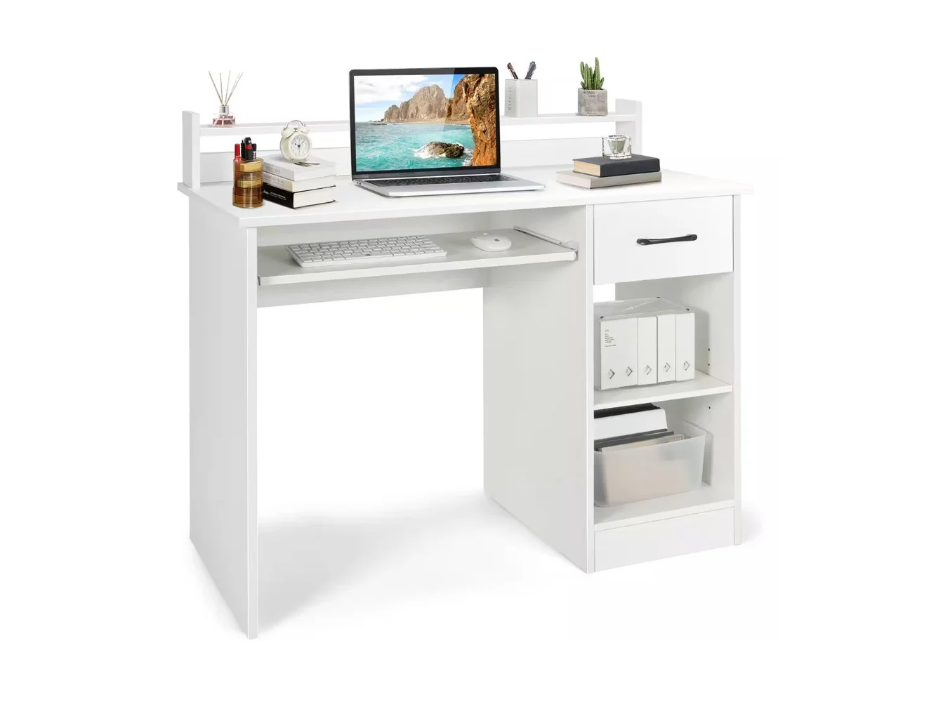 **Costway - 22" Wide Computer Desk Writing Study Laptop Table w/ Drawer & Keyboard Tray - White**