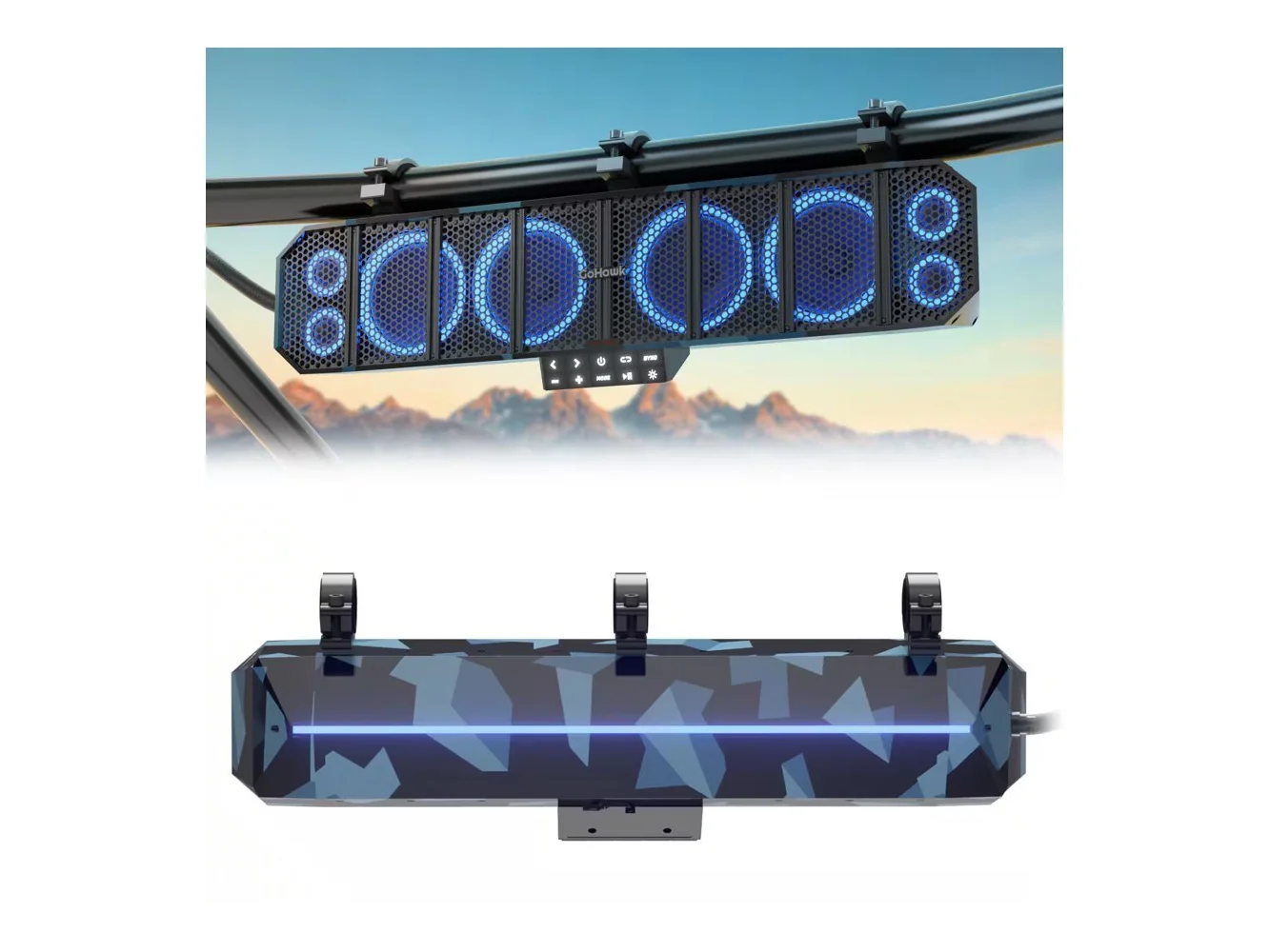 **GoHawk - UTV Sound Bar | Waterproof 8-Speaker Bluetooth ATV Soundbar | 25" SxS with FM Radio & Lights - Camo Blue**