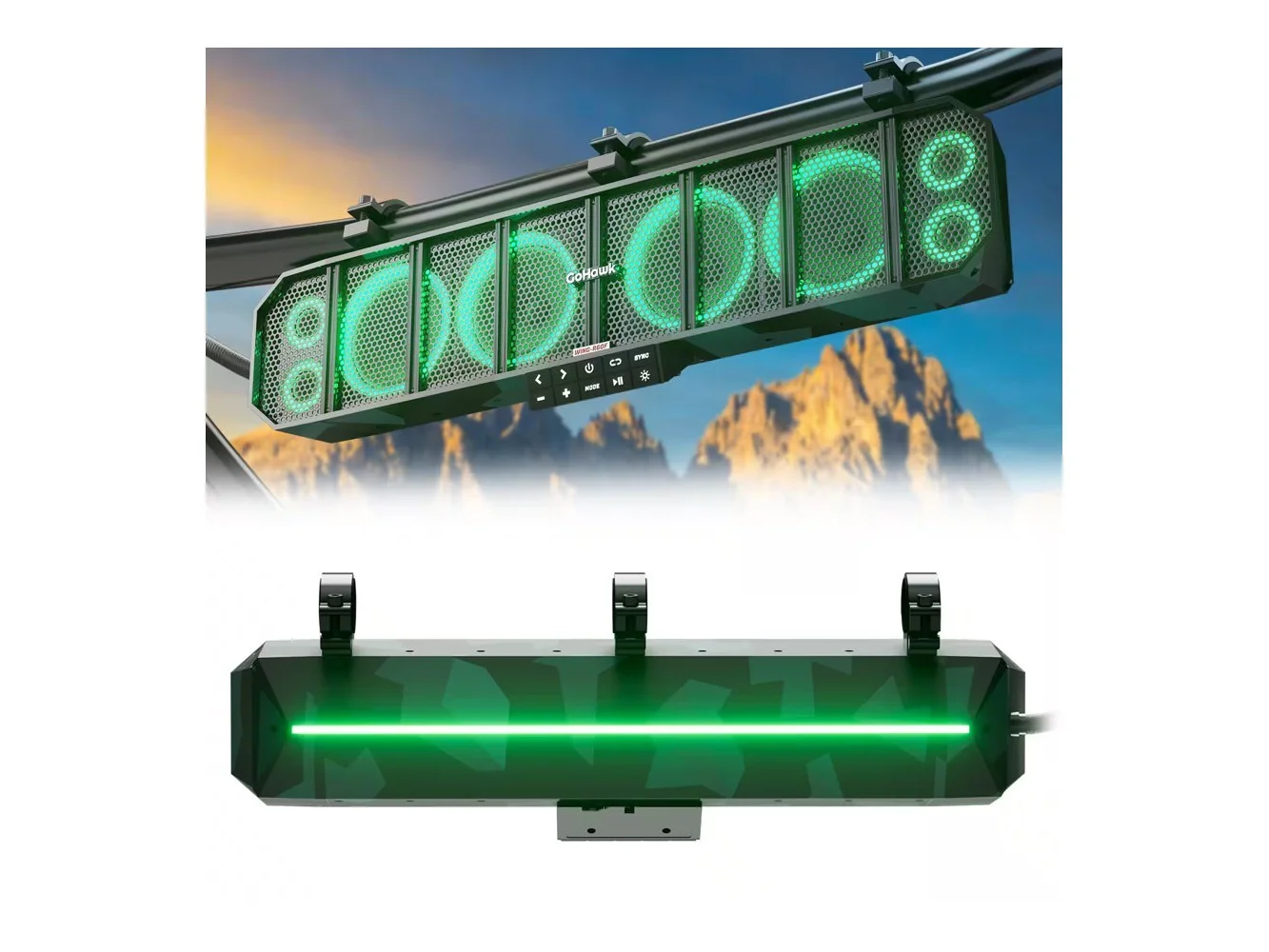 **GoHawk - UTV Sound Bar | Waterproof 8-Speaker Bluetooth ATV Soundbar | 25" SxS with FM Radio & Lights - Camo Green**