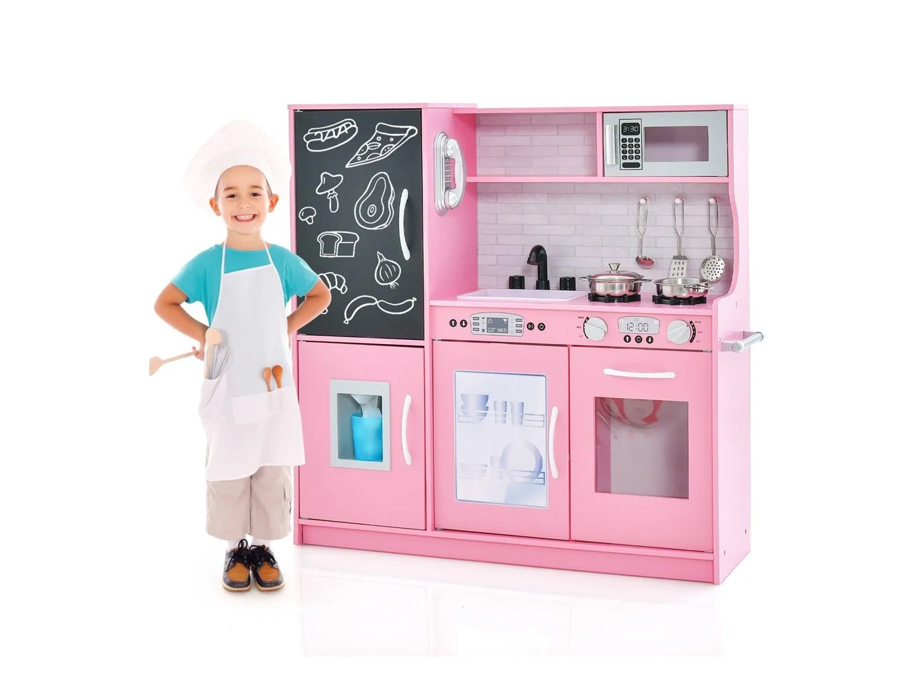 **Costway - Kid's Pretend Play Kitchen Toddler Kitchen Playset with Blackboard - Pink**