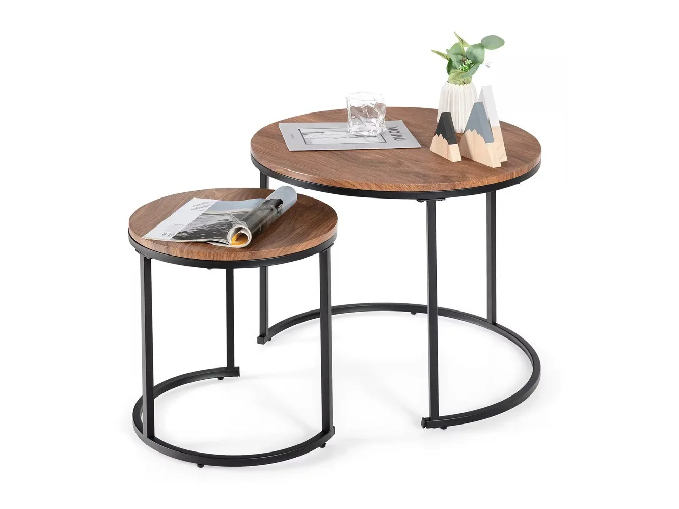 **Costway - Nesting Coffee Table Set of 2 for Balcony Living Room Modern Round Side Tables - Brown**