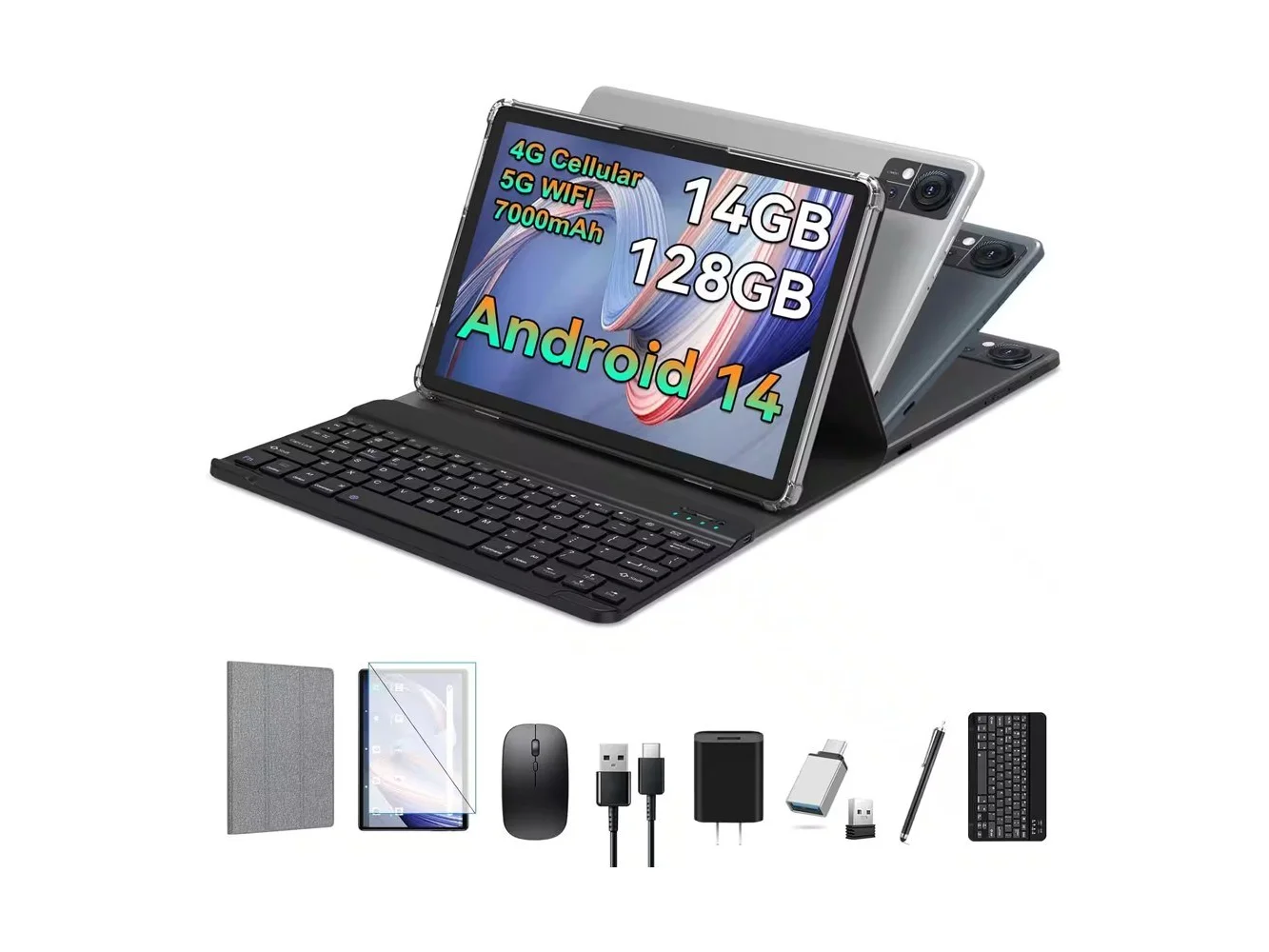 **Qukenk - Tablet 10.1 Inch Android 14, Octa-Core, 128GB ROM 14GB RAM, 2025 Newest Tab with Keyboard - Gray**