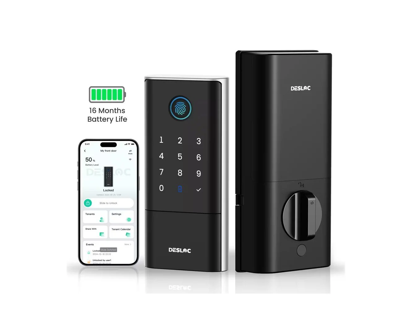 **DESLOC - K120 Smart Lock with Up to 16 Months Battery Life, Built-in WiFi, 3D Fingerprint Keyless Entry Door Lock - Black**