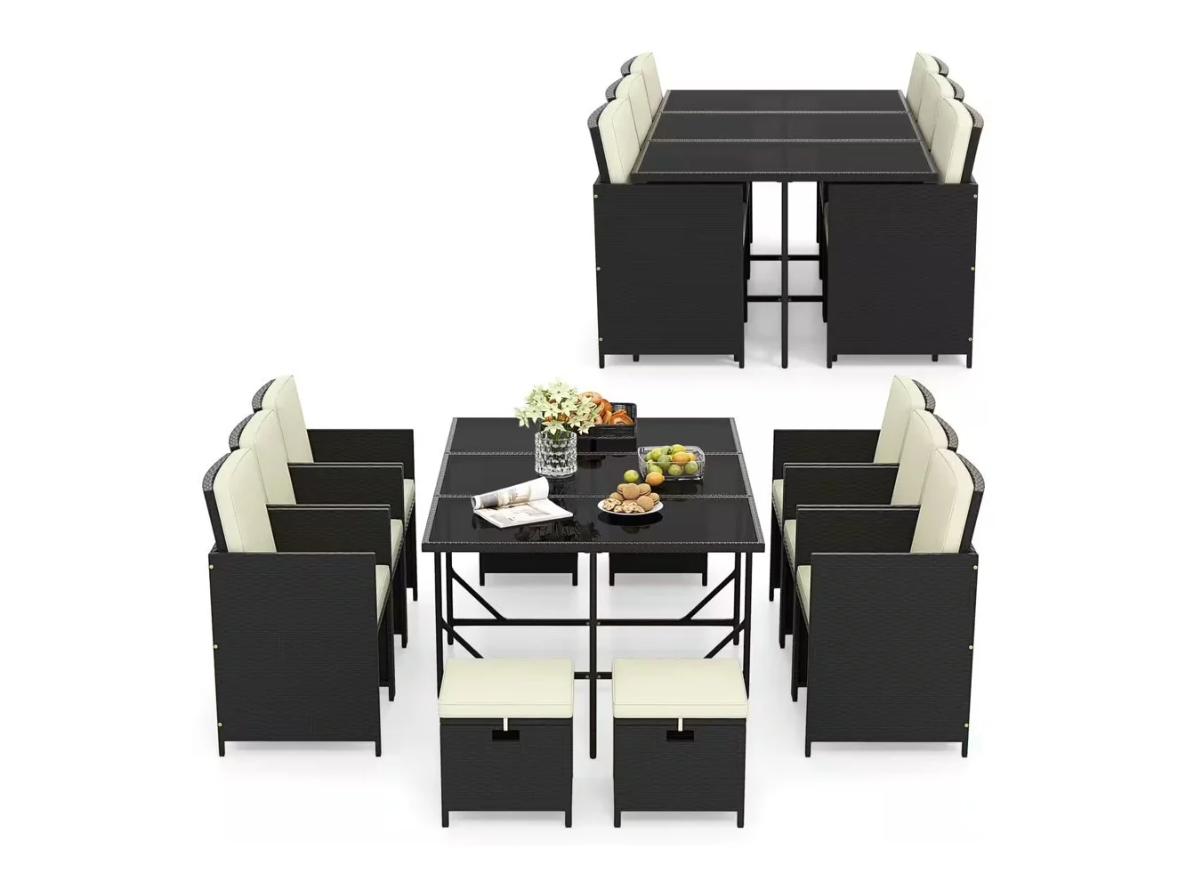 **Costway - 11 Pieces Patio Dining Set Space-saving Wicker Chairs & Tempered Glass Table - Black + White**