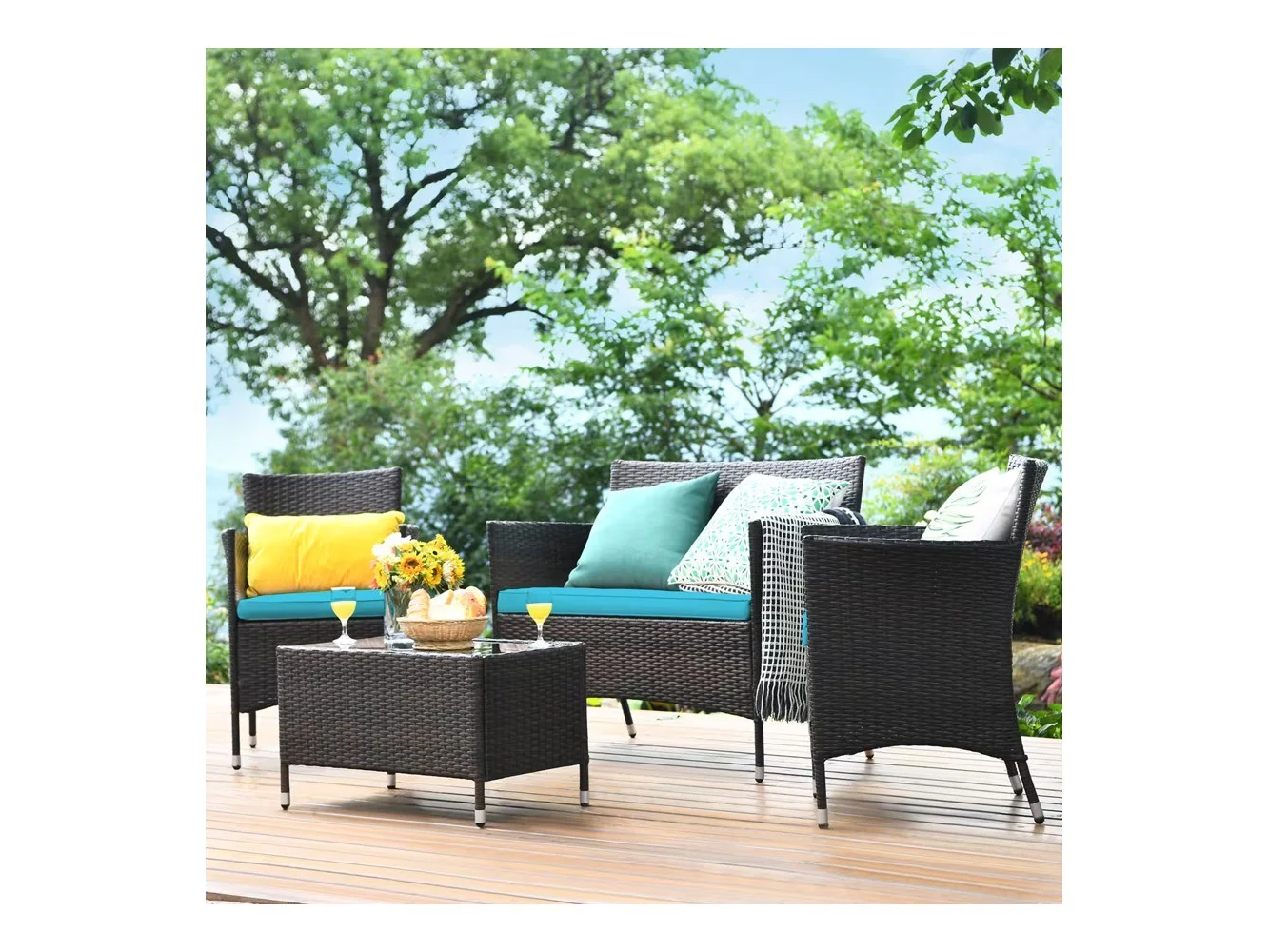 **Gymax - 4PCS Patio Rattan Conversation Furniture Set Outdoor Cushioned - Turquoise**