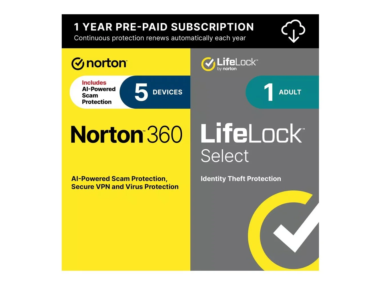**Norton - 360 Deluxe (5 Device) + LifeLock Select Antivirus Internet Security + Scam Protection + Identity Protection + VPN - Android, Apple iOS, Mac OS, Windows [Digital]**