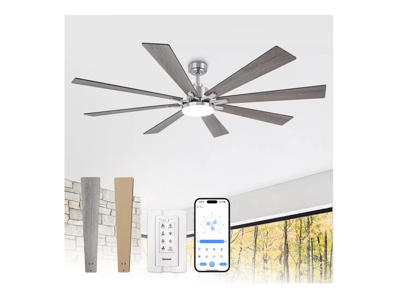 **Vaczon - 72" Modern Industrial Large Smart Ceiling Fan with Light and APP Control, Dual Color Blades, DC Motor - Nickel**