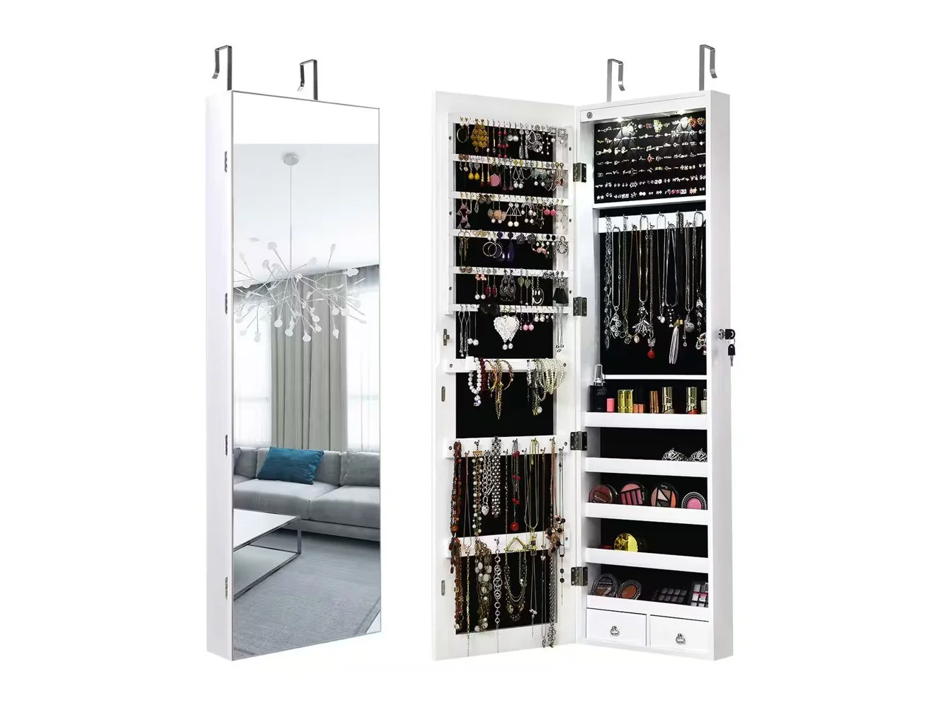 **Costway - Mirrored Jewelry Cabinet Jewelry Organizer w/2 LED Lights - White**