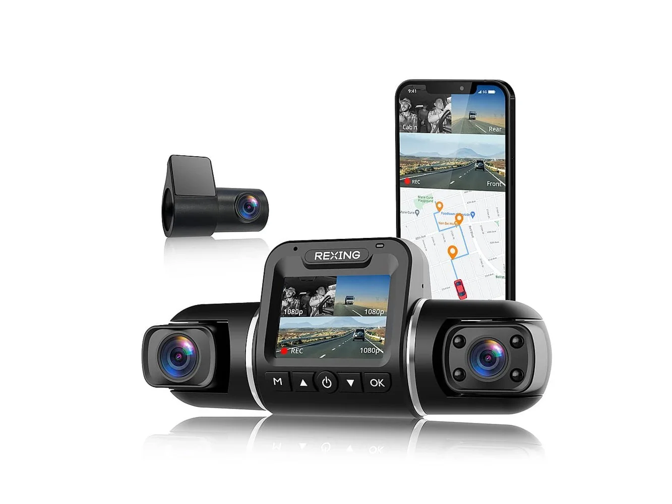 **Rexing - V2 Pro 1080p 3-Channel AI Car Dash Cam with Wi-Fi Built-in GPS and Adhesive Mount - Black**