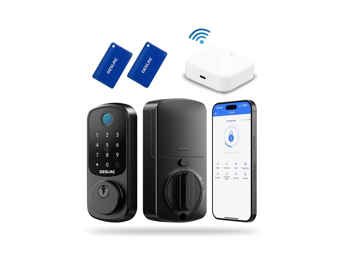 **DESLOC - B200 Smart Lock Deadbolt with Fingerprint, Smart Keypad Door Lock with TTLock App for Front Door - Black - Smart Lock and Wifi Gateway Set**