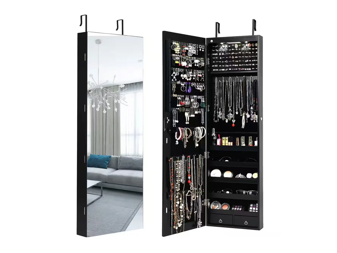 **Costway - Mirrored Jewelry Cabinet Jewelry Organizer w/2 LED Lights - Black**