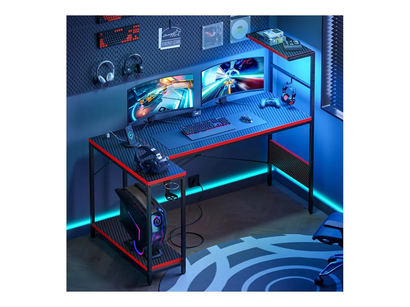 **RSPGAME - 57.4'' Gaming Desk with Power Outlet LED Lights Reversible Computer Desk with Shelf Holder & Hook, Gaming Table for Home - Black & Red**