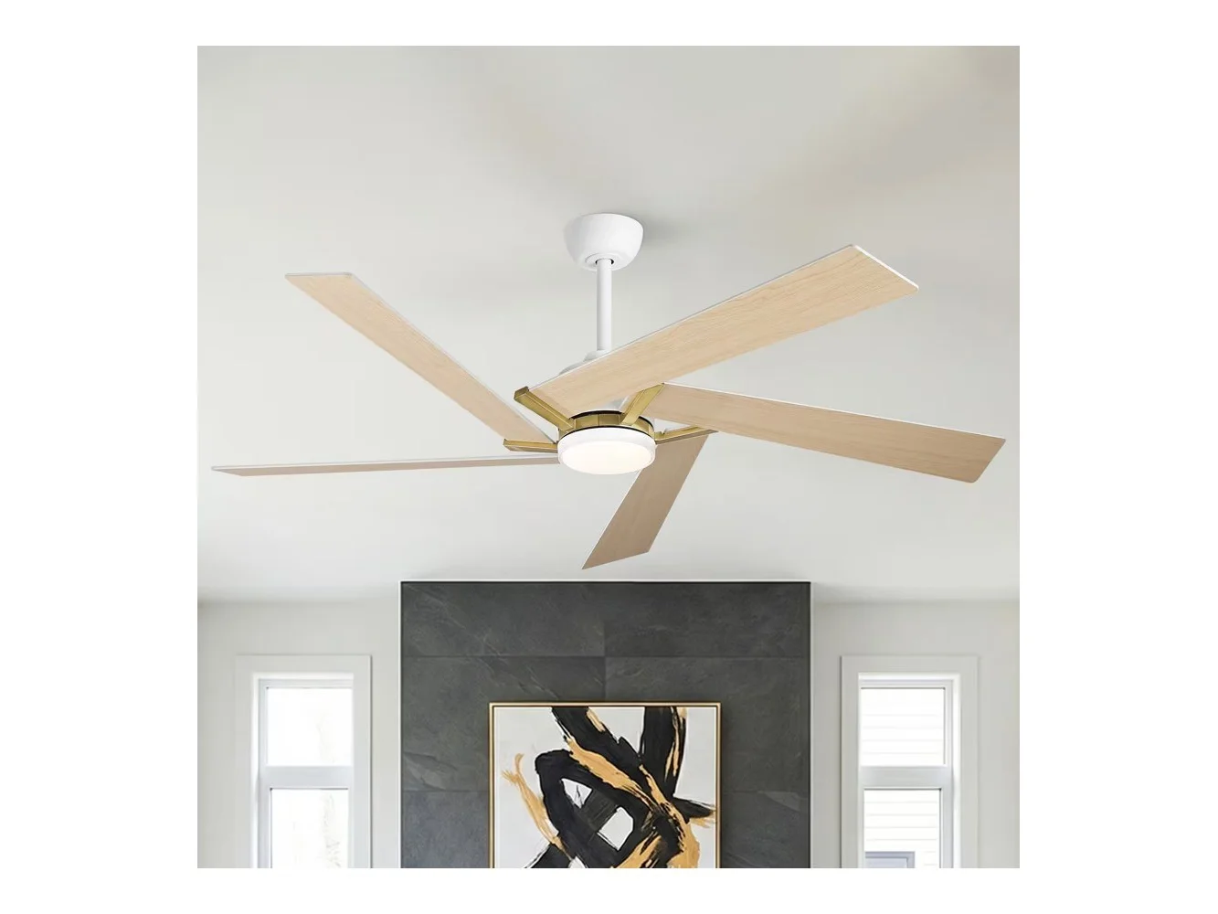 **Parrot Uncle - 60" Modern 6- Speed LED Ceiling Fan with Remote Control and 5 Reversible Blades - White**