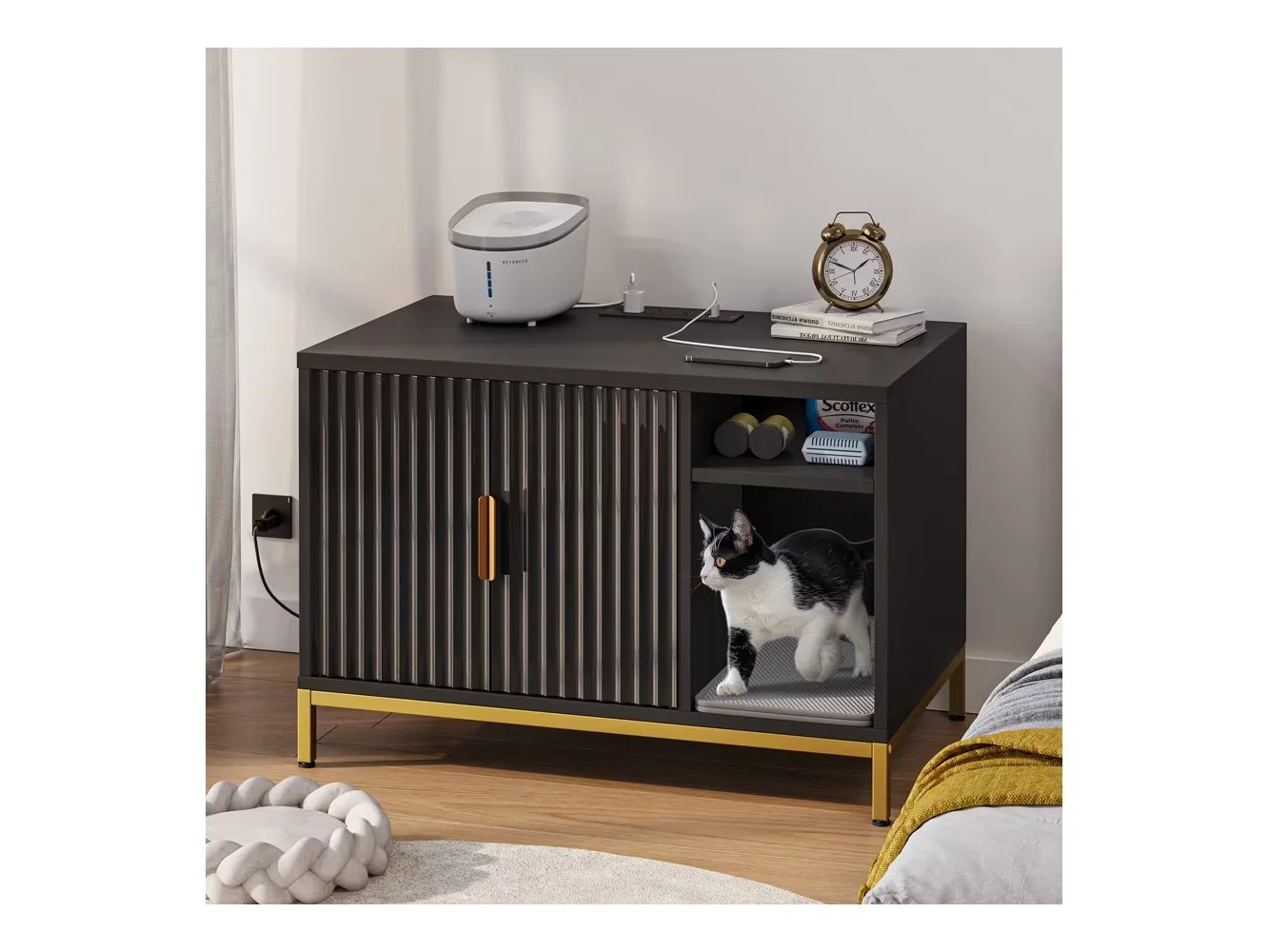 **Bestier - Concealed Cat Litter Box Cabinet with Charging Station Litter Mat and Cat Washroom - Black**
