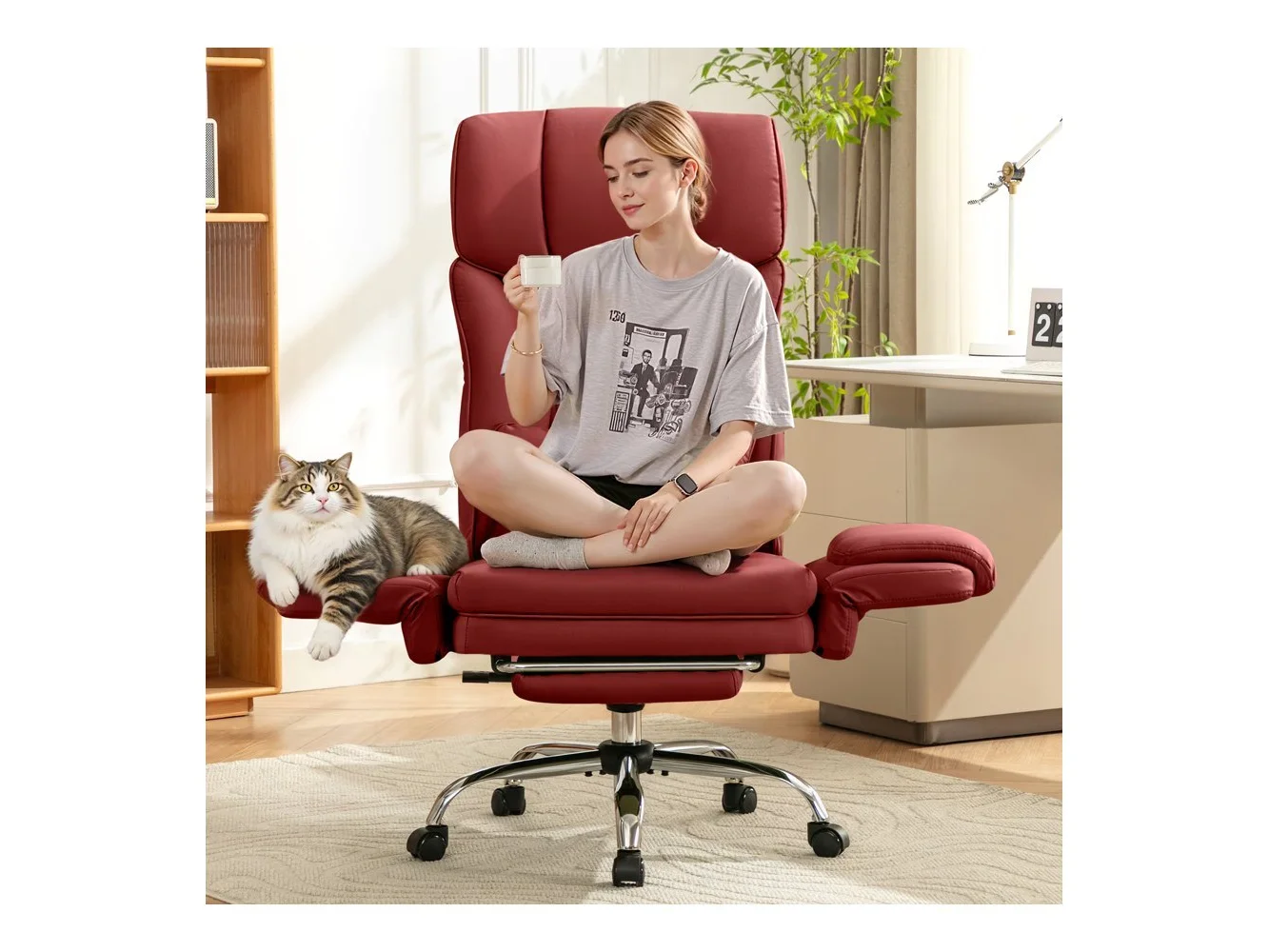 **KERDOM - Ergonomic Big Office Leather Chair with Expandable Arms, Reclining Cross Legged Chair with Footrest Wide Seat for Gaming - Red**