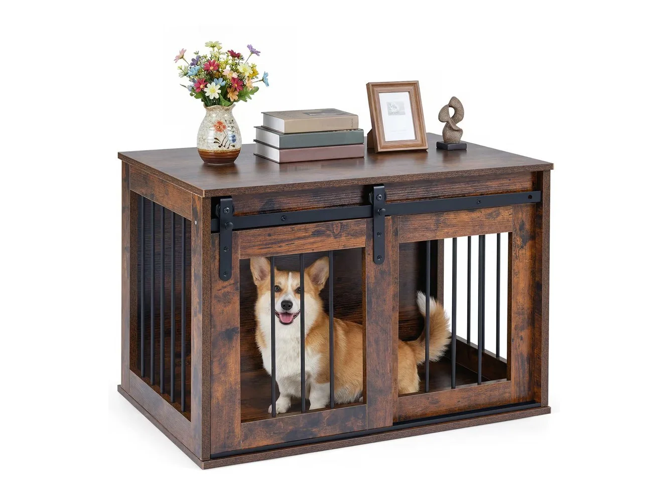 **Gymax - Dog Crate Furniture 31.5'' Heavy Duty Dog Kennel w/Sliding Barn Door Metal Frame Rustic Brown**