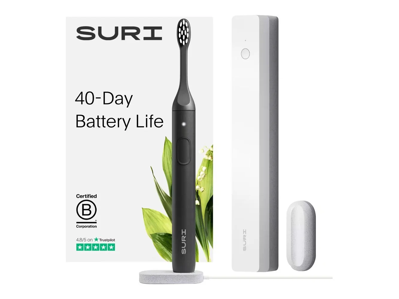 **SURI - S1 Electric Toothbrush with UV Light Cleaning and Charging Case and Mirror Mount - Black**