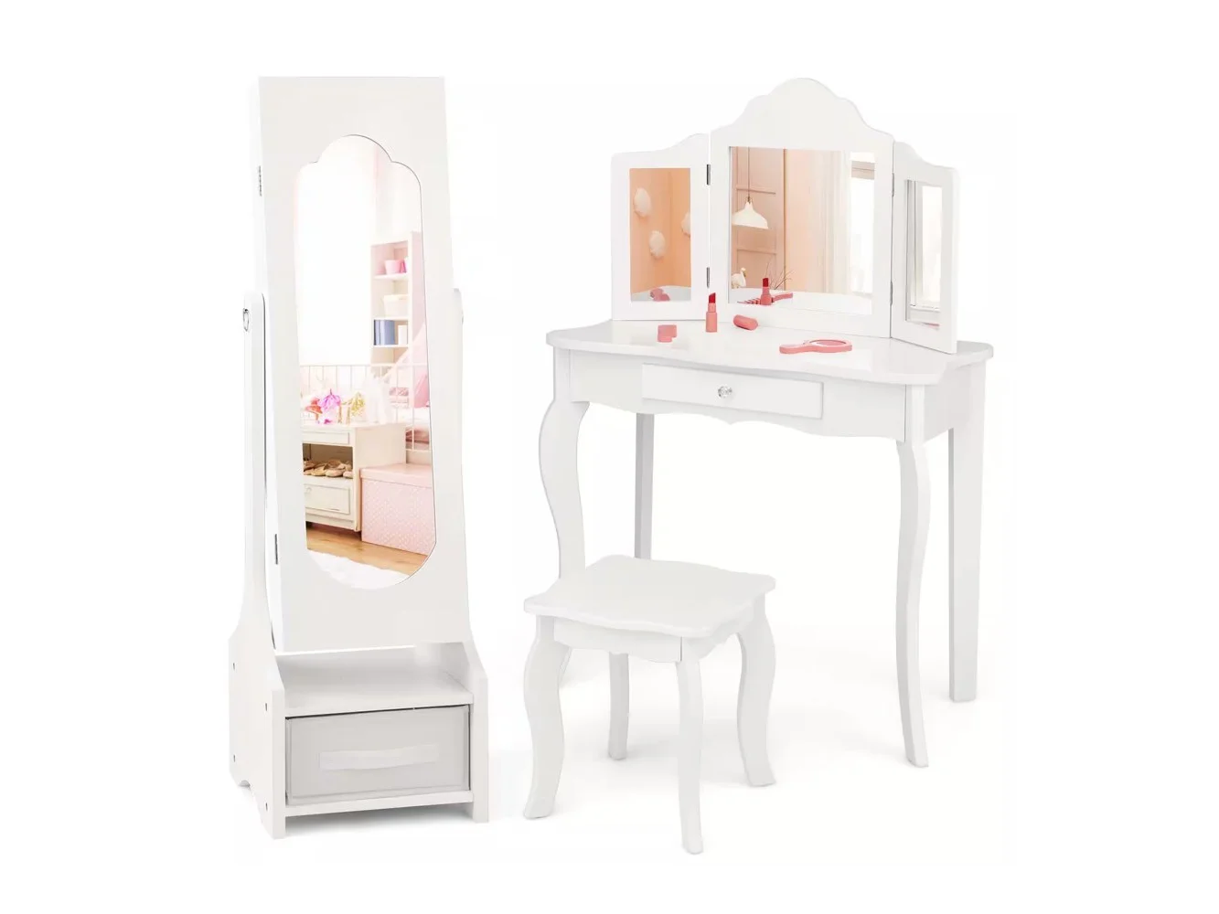 **Costway - Kids Vanity Set Princess Makeup Dressing Table & Chair Set with Jewelry Armoire - White**
