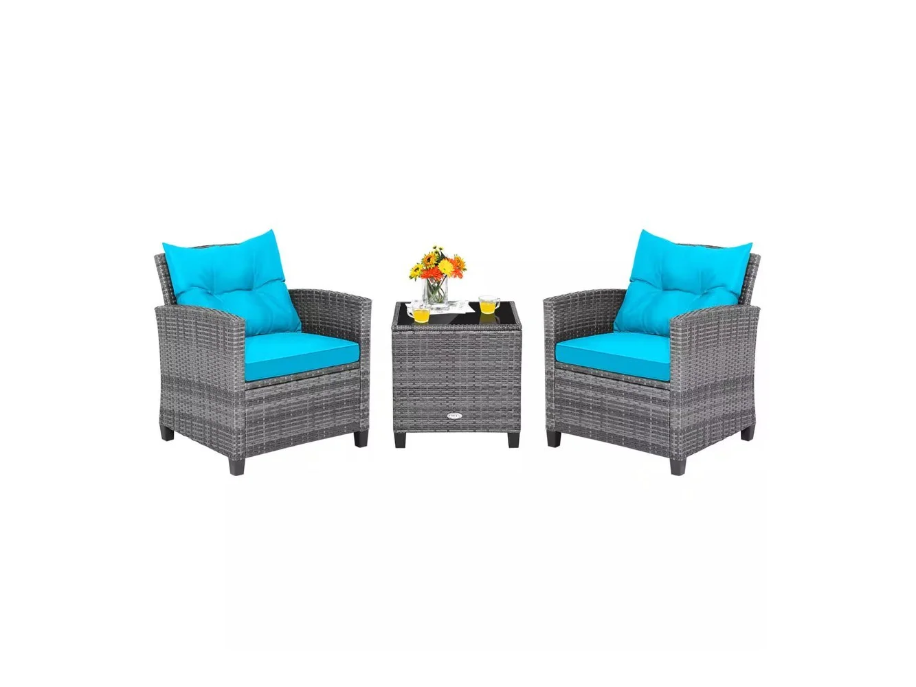 **Costway - 3 PCS Patio Rattan Furniture Bistro Set Cushioned Sofas Side Table Armrest - Turquoise + Mix Grey**