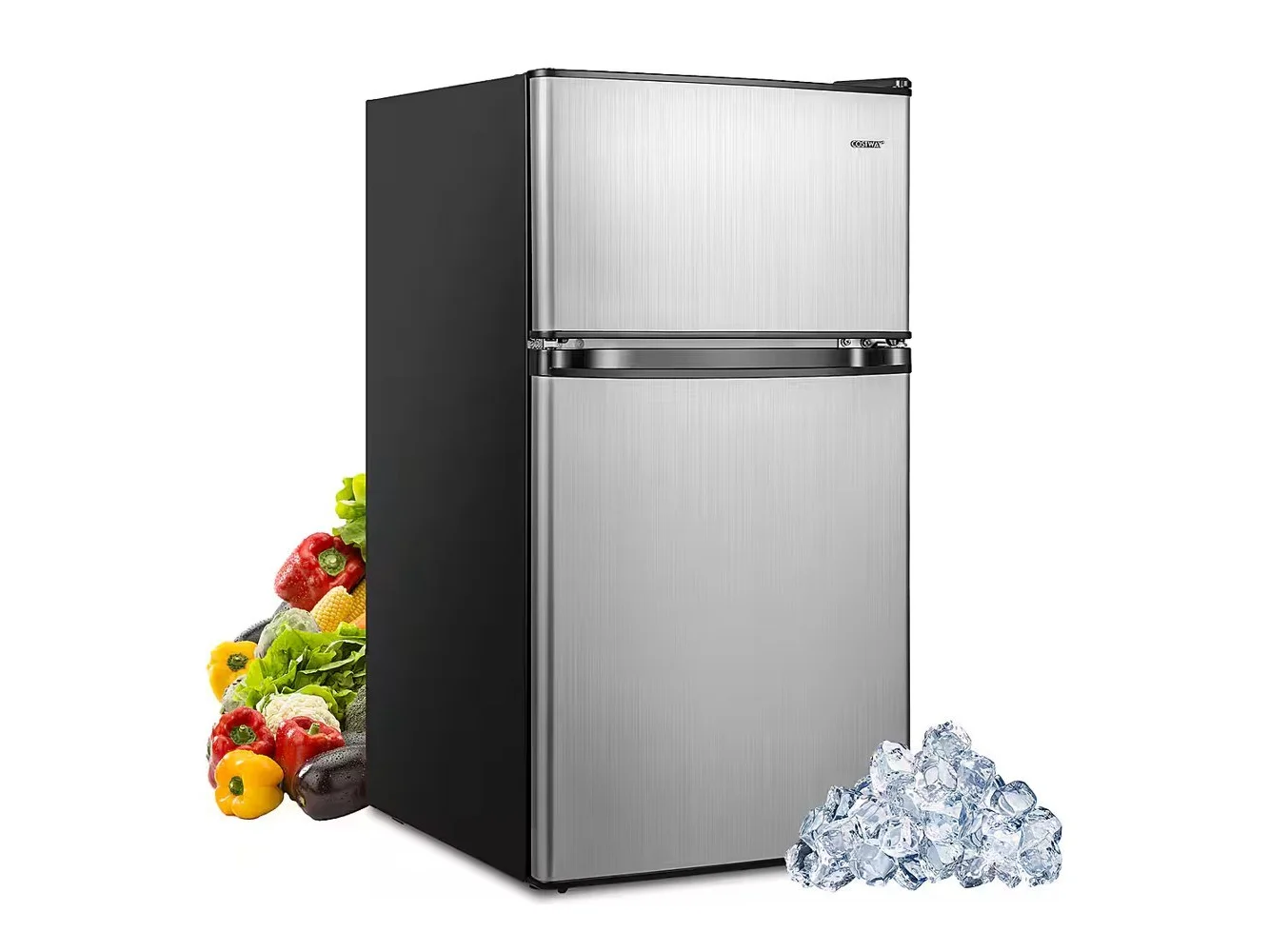 **Costway - 3.2 Cu.Ft Mini Refrigerator with Freezer Compact Fridge with 2 Reversible Door - Black/Silver**