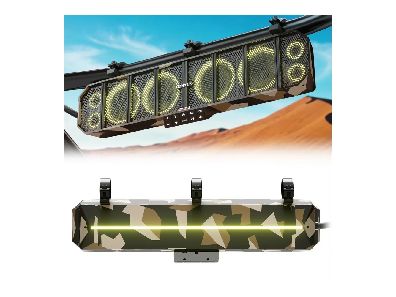 **GoHawk - UTV Sound Bar | Waterproof 8-Speaker Bluetooth ATV Soundbar | 25" SxS with FM Radio & Lights - Camo Sand**