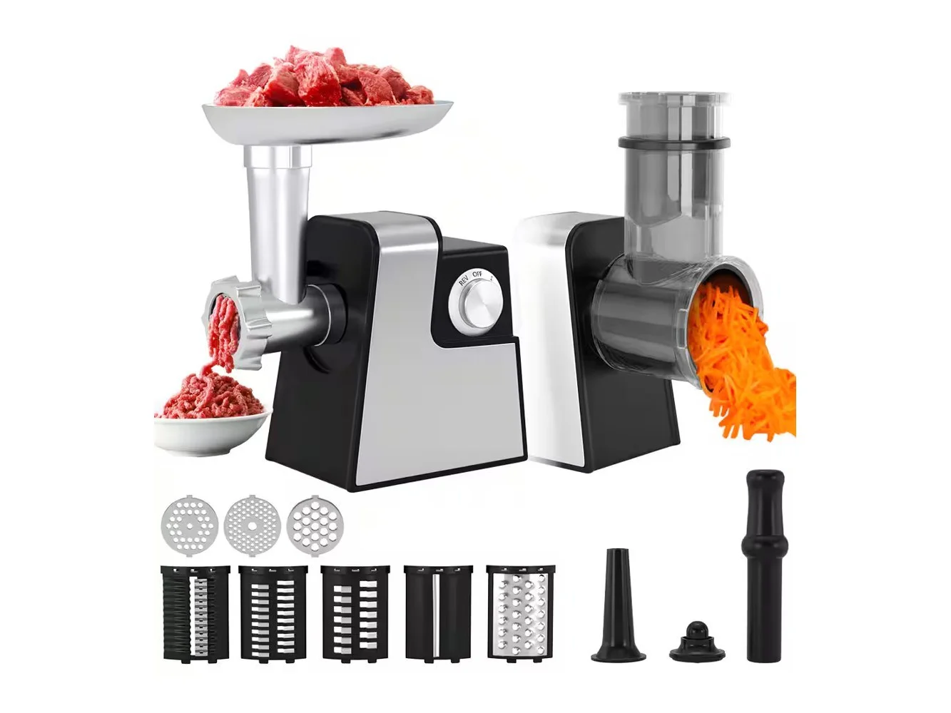 **Topteng - 5-in-1 Electric Meat Grinder & Food Processor - 600W Peak Power, 120 Lbs/hr, with Sausage Stuffer, Vegetable Slicer Kit - Silver**
