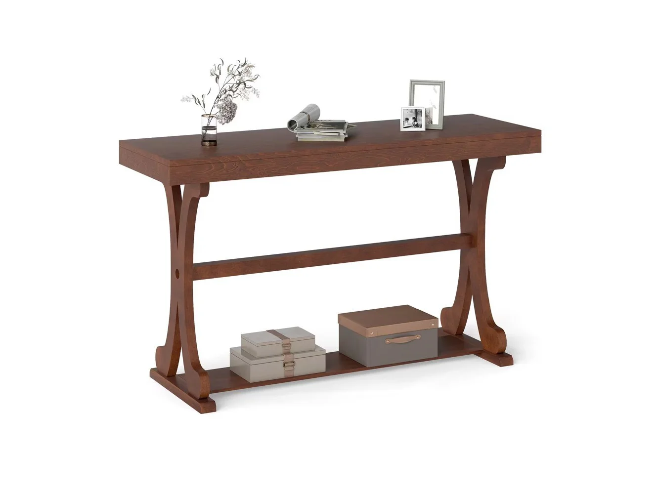 **Gymax - Narrow Console Table Vintage Accent Sofa Table w/ Open Storage Shelf - Walnut**