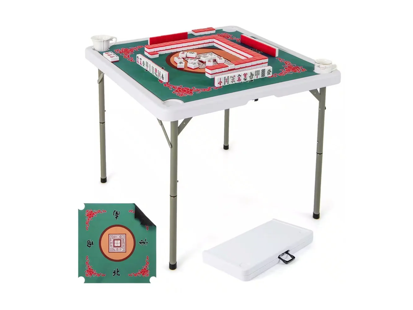 **Costway - 35" Folding Mahjong Table with Cup Holders & Smooth Felt Mat Carrying Handle - Multicolor**