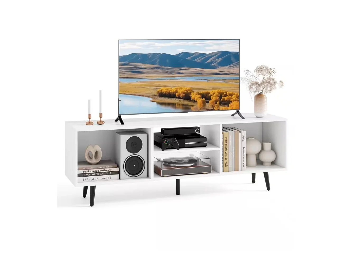 **Costway - 47.5" Console Cabinet for 55-Inch TVs with Storage Shelves Heavy-duty Metal Legs - White**
